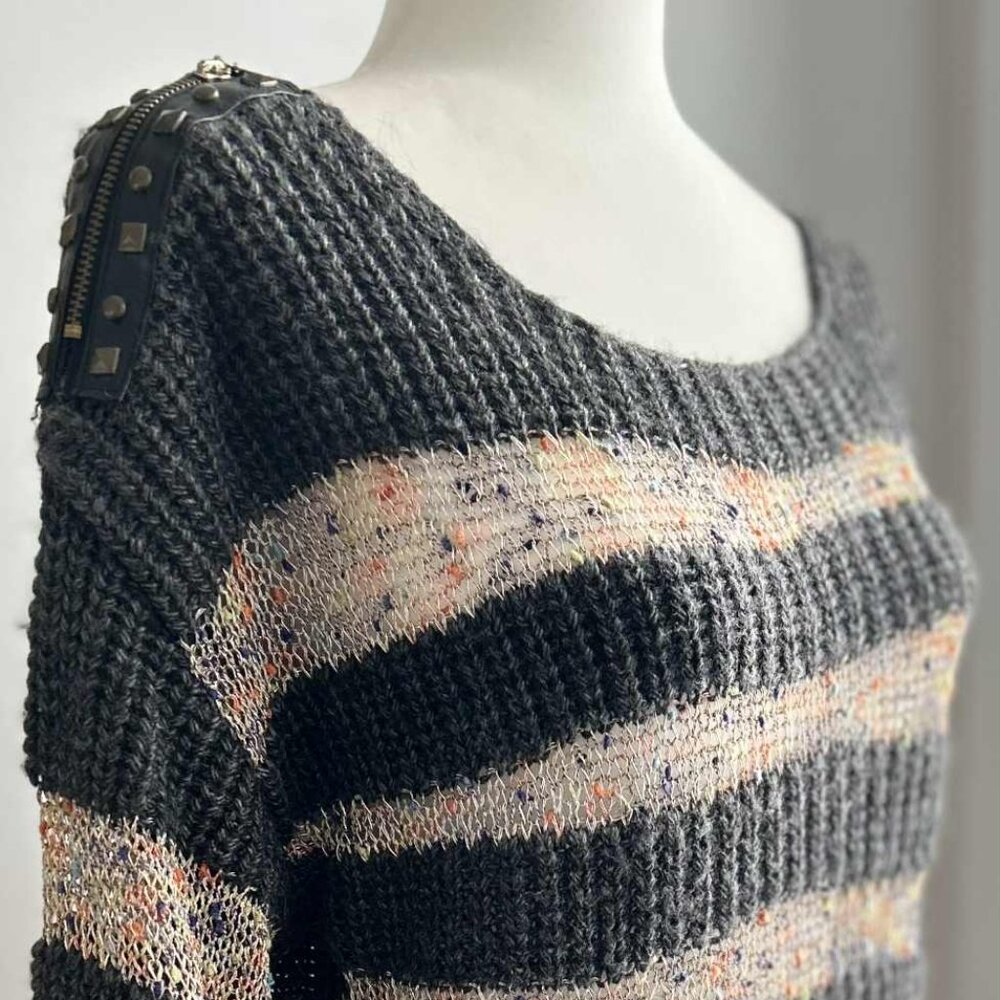 Tricotto Charcoal & Metallic Open-Knit Stripe Sweater w/ Shoulder Zippers - US M